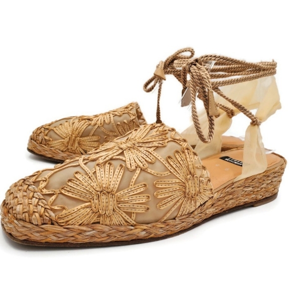 Stuart Weitzman Shoes - Stuart Weitzman Pansy Woven Rafia Sheer Organza Satin Rope Ankle Tie Espadrilles